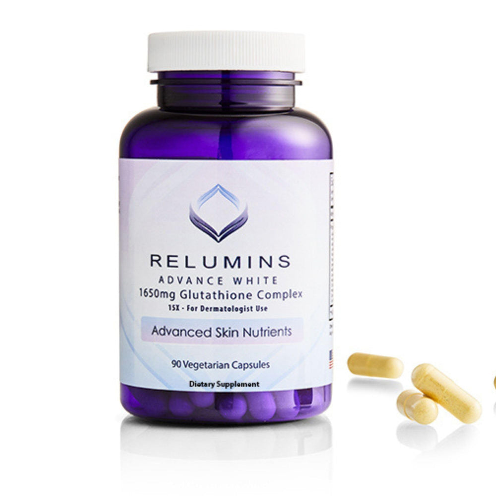 Relumins Glutathione supplement bottle displaying 1650mg complex and 90 vegan capsules