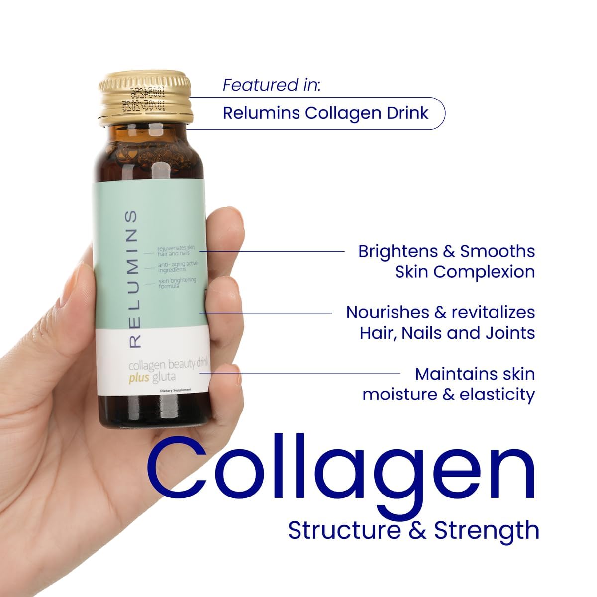 Relumins hand holding bottle showing single-serve size for travel