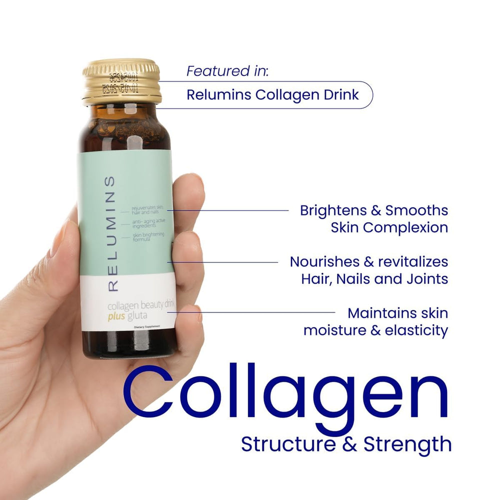 Relumins hand holding bottle showing single-serve size for travel