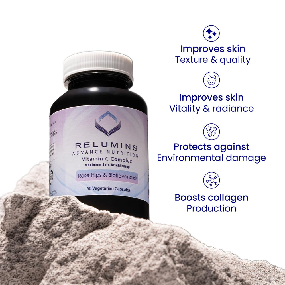 Rose hips with Relumins Vitamin C bottle