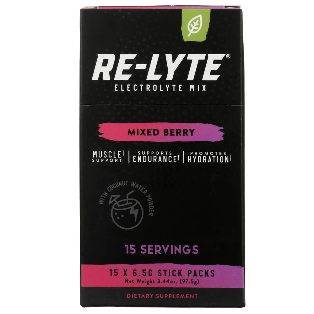 REL YTE Re-Lyte mixed berry packets for on-the-go hydration and clean nutrition.