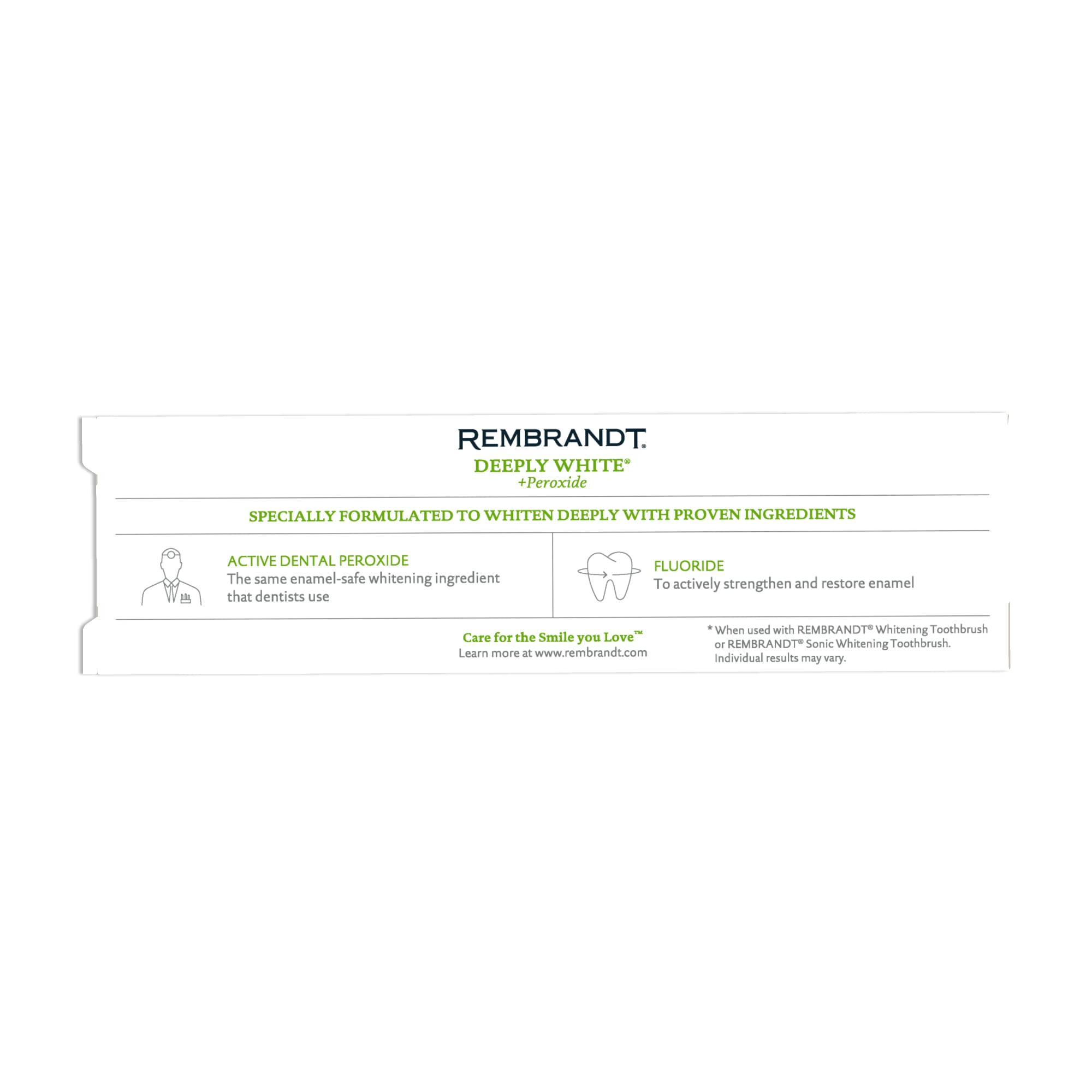 Ingredients label for Rembrandt Deeply White toothpaste