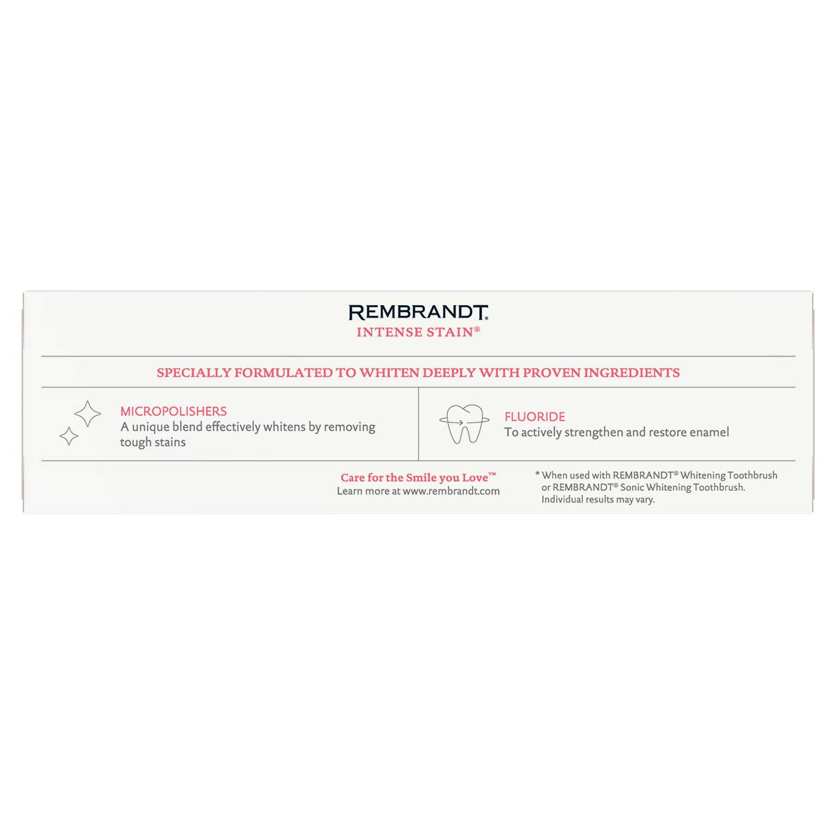 Close-up of Rembrandt Deeply White + Peroxide Whitening Toothpaste packaging