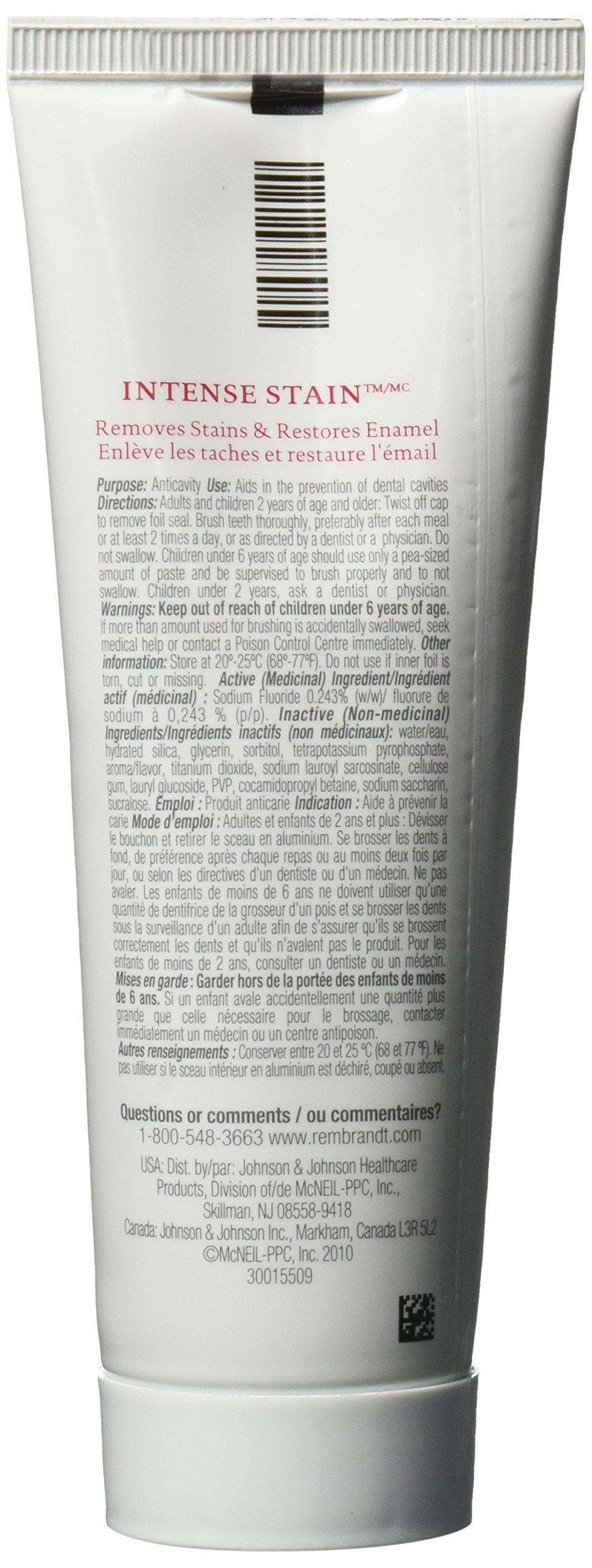 Rembrandt Toothpaste Intense Stain Mint Flavor 3.52 oz Tube Pack 3 - Packaging/Back View