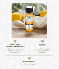 Remedy Organics Immunity Plus Shot ginger bottle closeup suggests warm flavor and energy-boosting blend