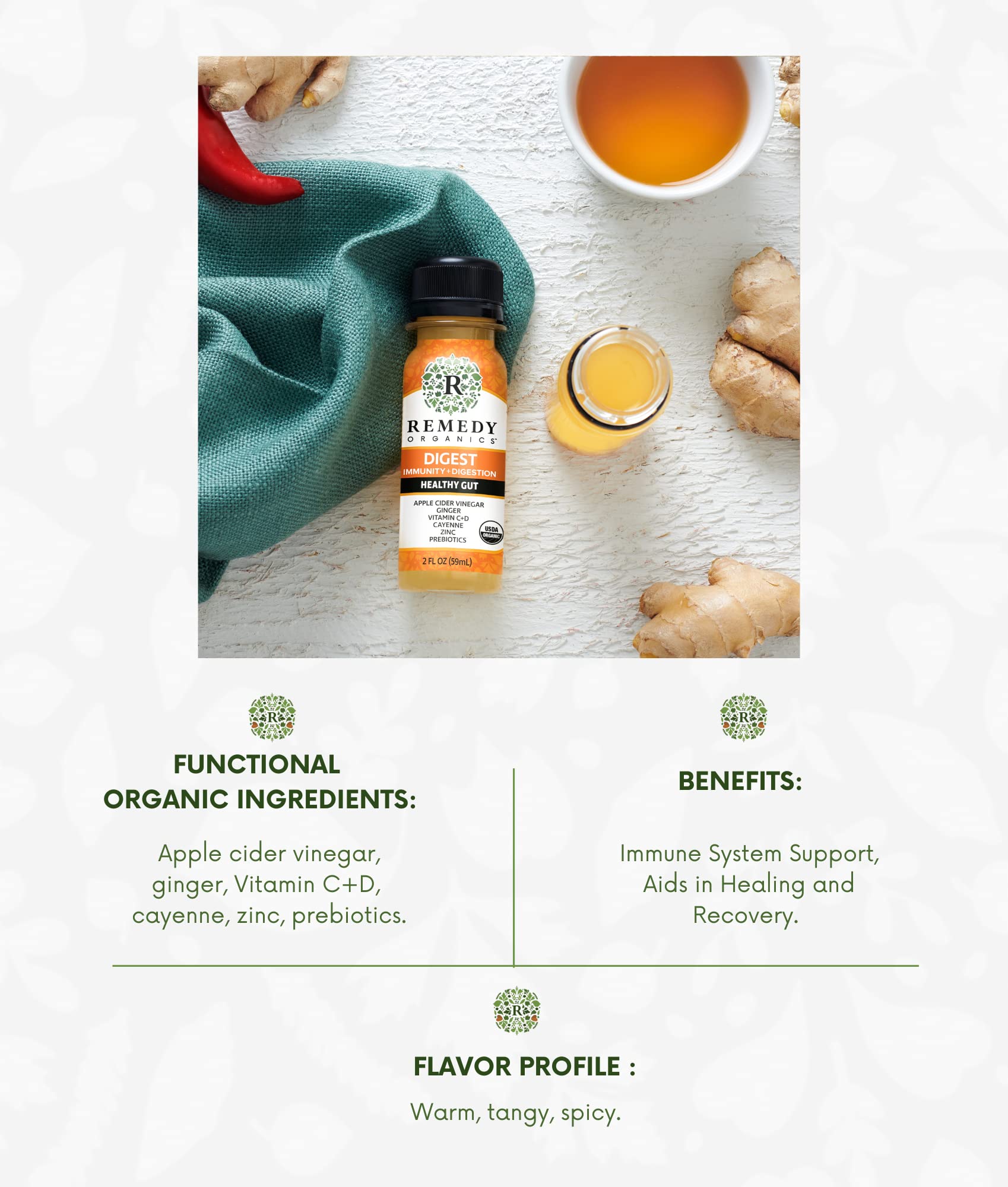 Remedy Organics Immunity Plus Shot turmeric-cayenne bottle closeup points to bold flavor and metabolism-friendly mix