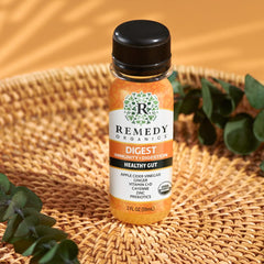 Remedy Organics Immunity Plus Shot bottle-label – premium organic ingredients for energy and gut-friendly benefits