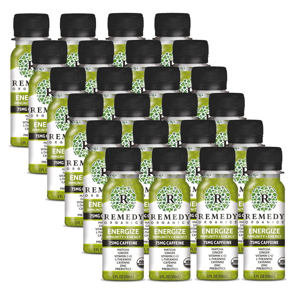 Remedy Organics Immunity Plus Shot Energize 24-Pack box on shelf offers convenient daily energy support.