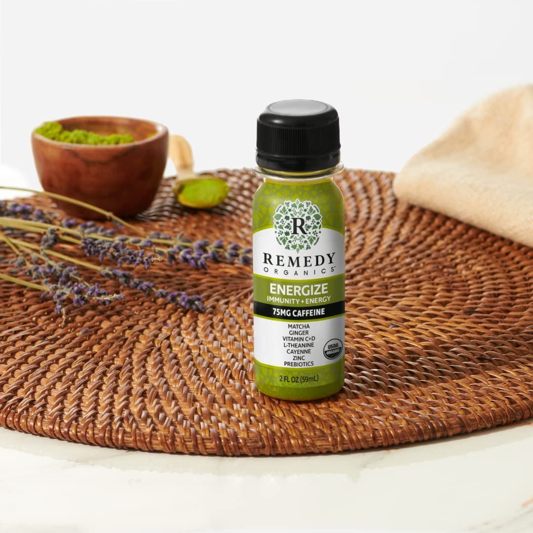 Remedy Organics Immunity Plus Shot turmeric-cayenne—earthy blend aiding metabolism and wellness.
