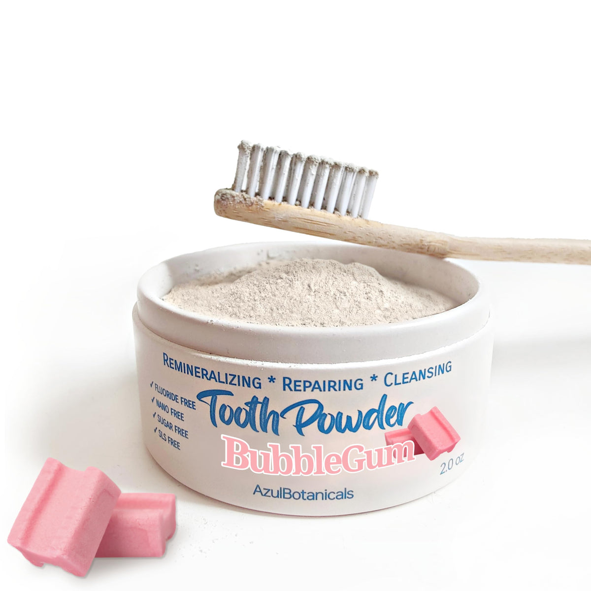 Remineralizing tooth powder Bubblegum flavor bottle label, 2oz