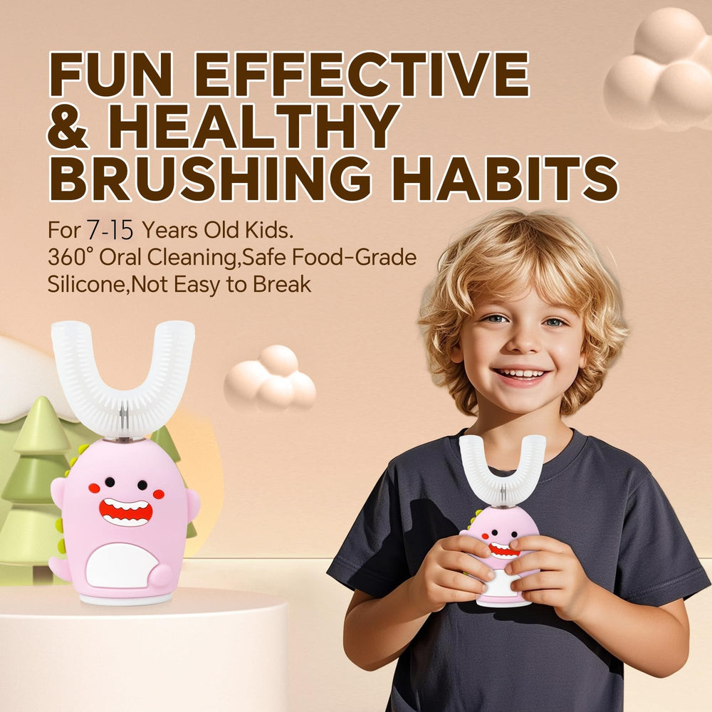 U-shaped toothbrush head designed for kids to clean all teeth at once