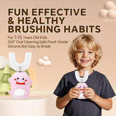 U-shaped toothbrush head designed for kids to clean all teeth at once