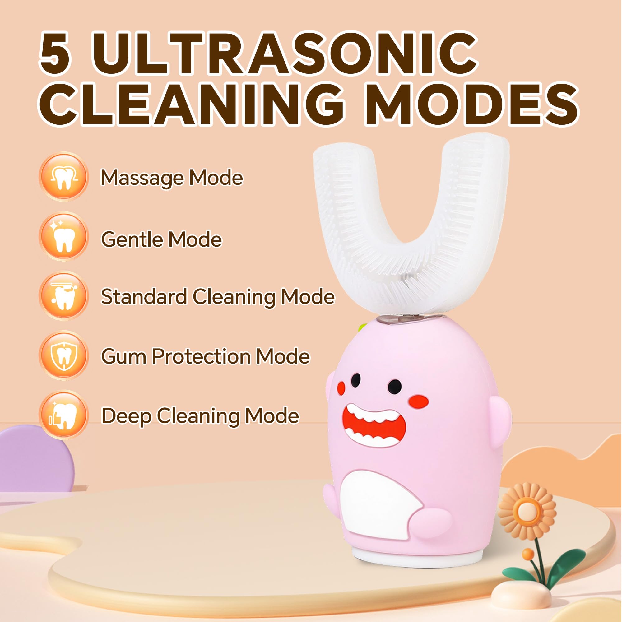 Five cleaning modes with indicators on the toothbrush handle
