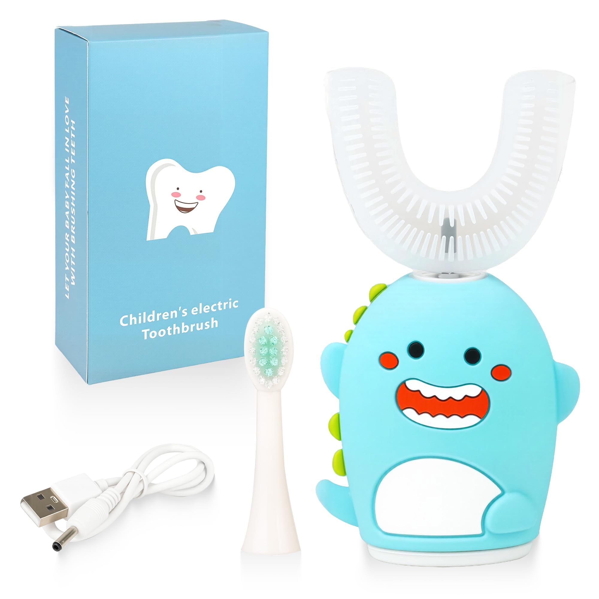 Renaelelife Kids Sonic U-Shaped Toothbrush Blue Dinosaur - front view