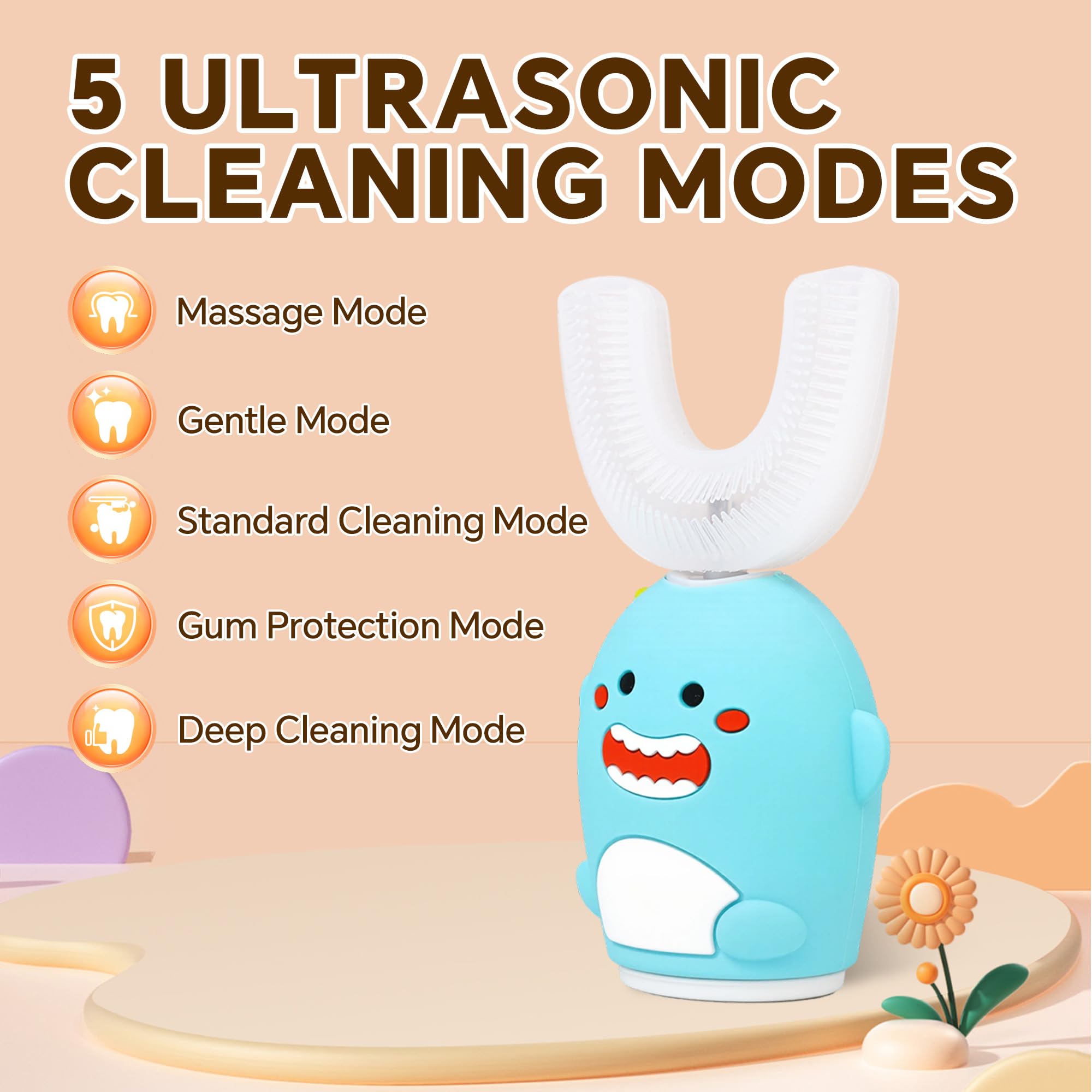 Five cleaning modes indicator with 18,000 strokes per minute