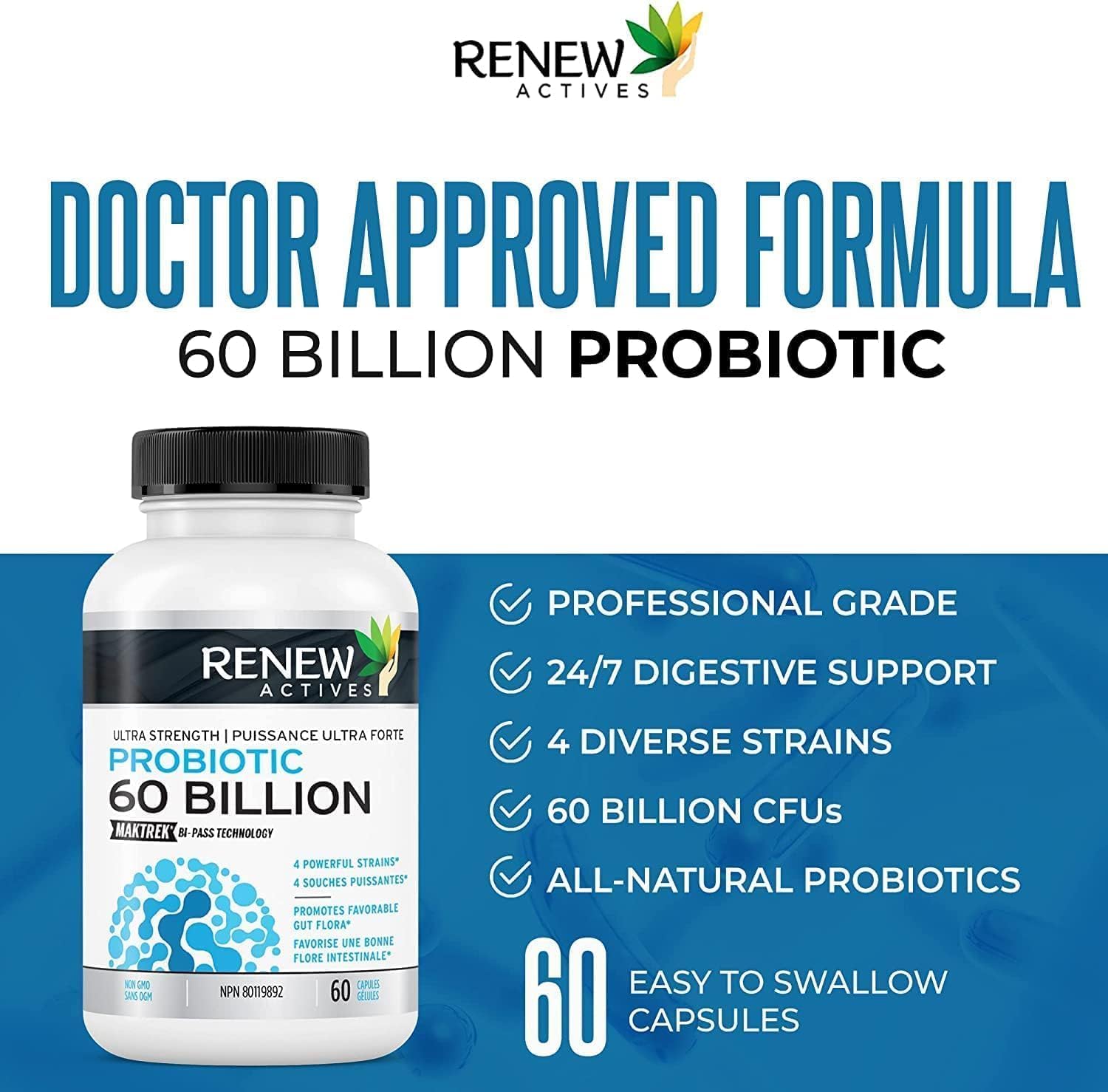 Two Renew Actives capsules beside a glass of water for easy swallowing