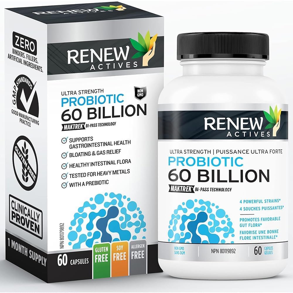 Renew Actives probiotic bottle displaying 60B CFU per 2 capsules