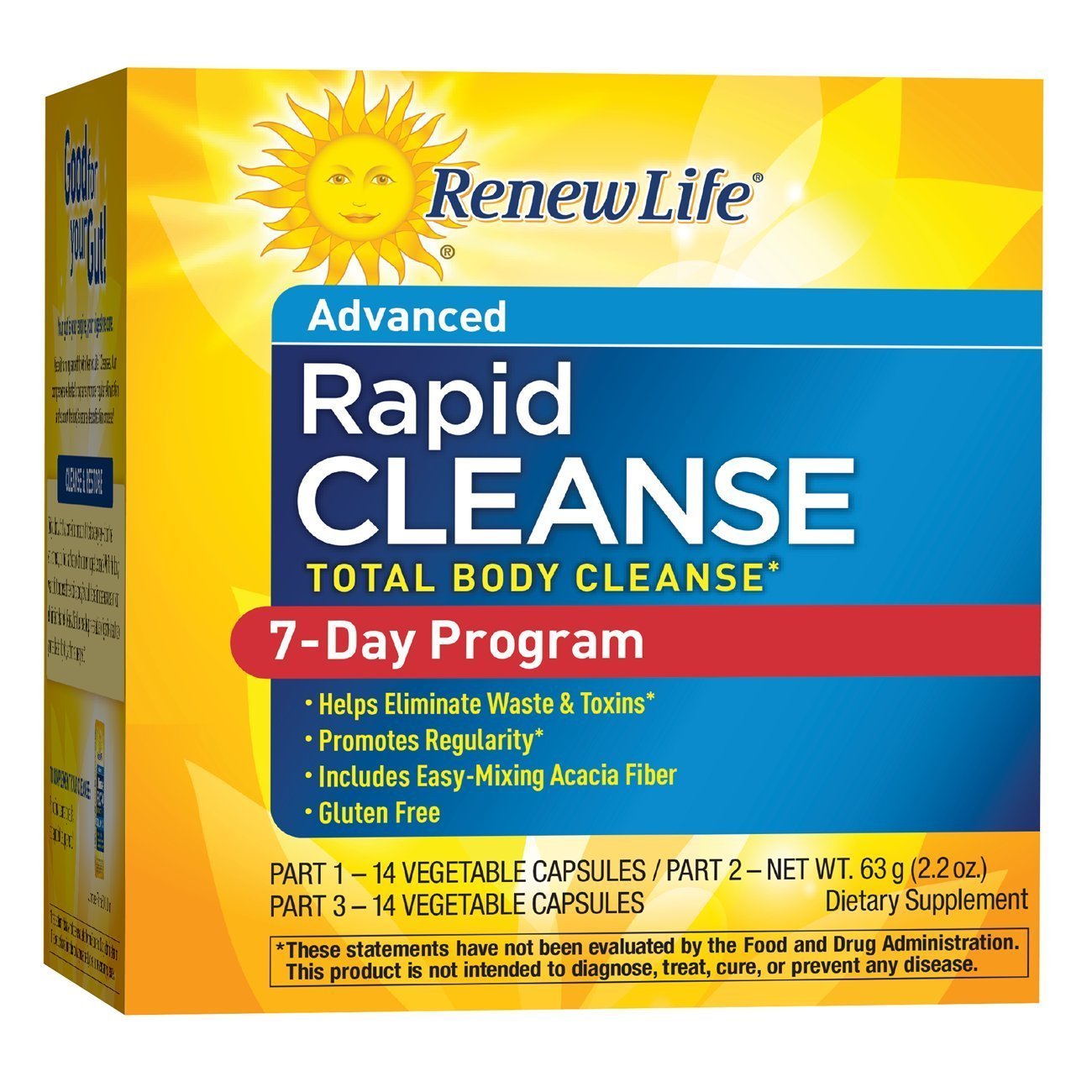 Renew Life Adult Cleanse bottle highlights a 7-day program for gentle detox and regularity support.