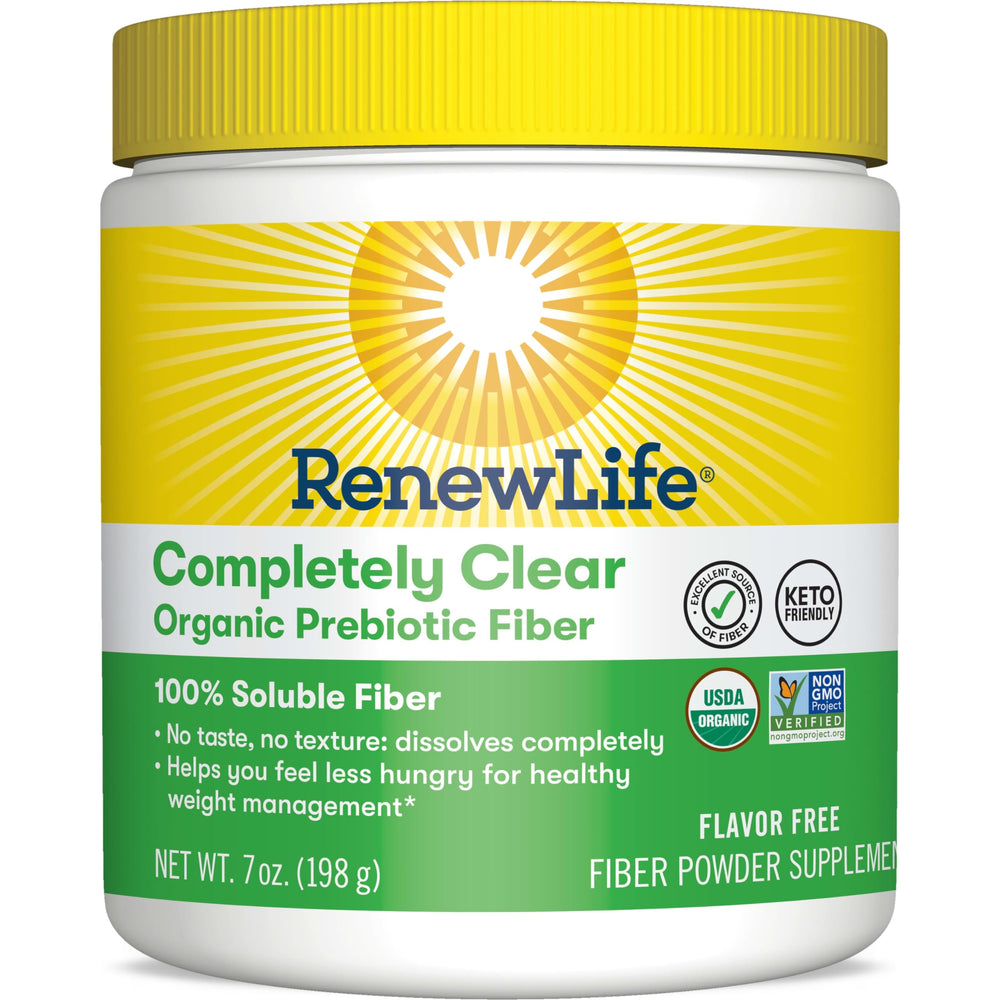 Front view of Renew Life Completely Clear Organic Prebiotic Fiber powder 7 oz