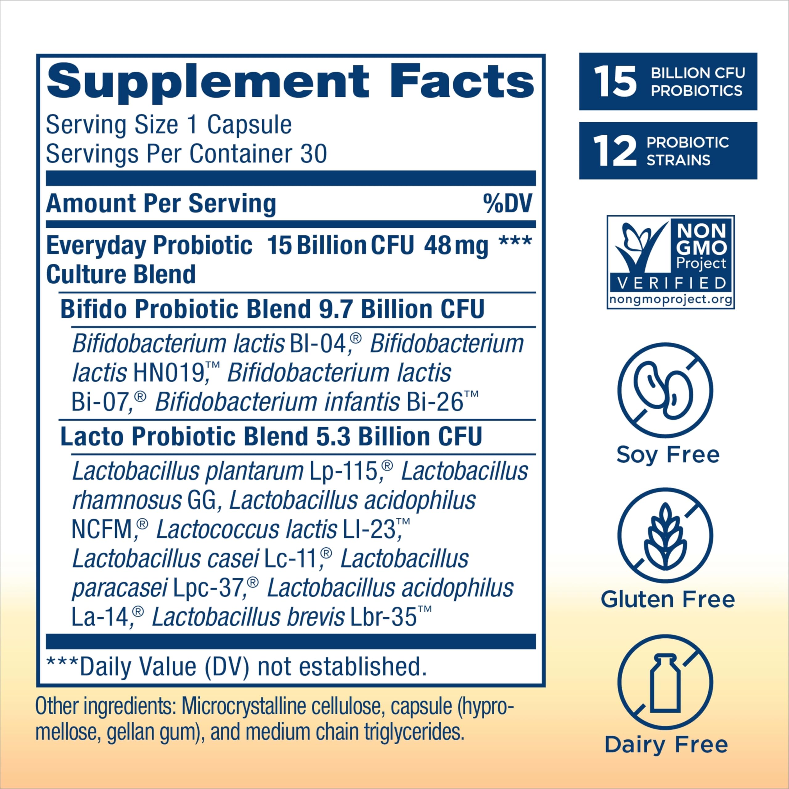 Close-up showing 12 probiotic strains on packaging