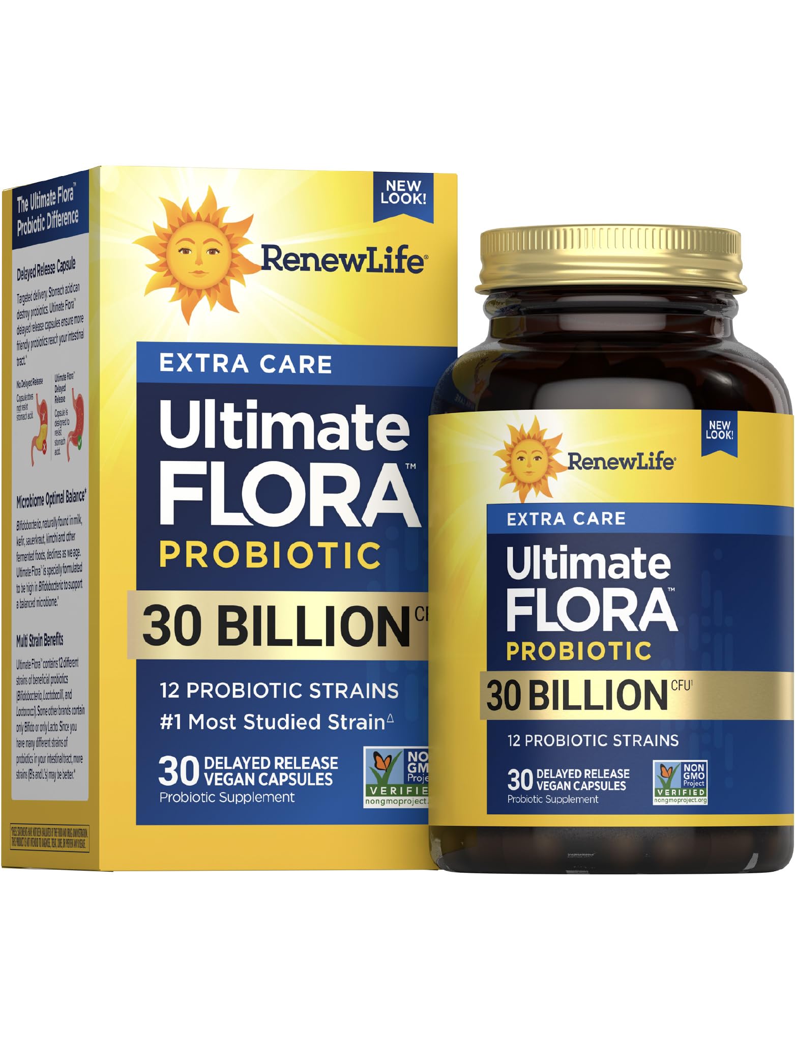 Renew Life Extra Care Digestive Probiotic bottle with 30-count capsules