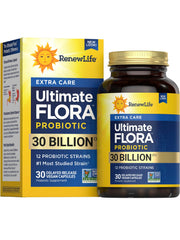 Renew Life Extra Care Digestive Probiotic bottle with 30-count capsules