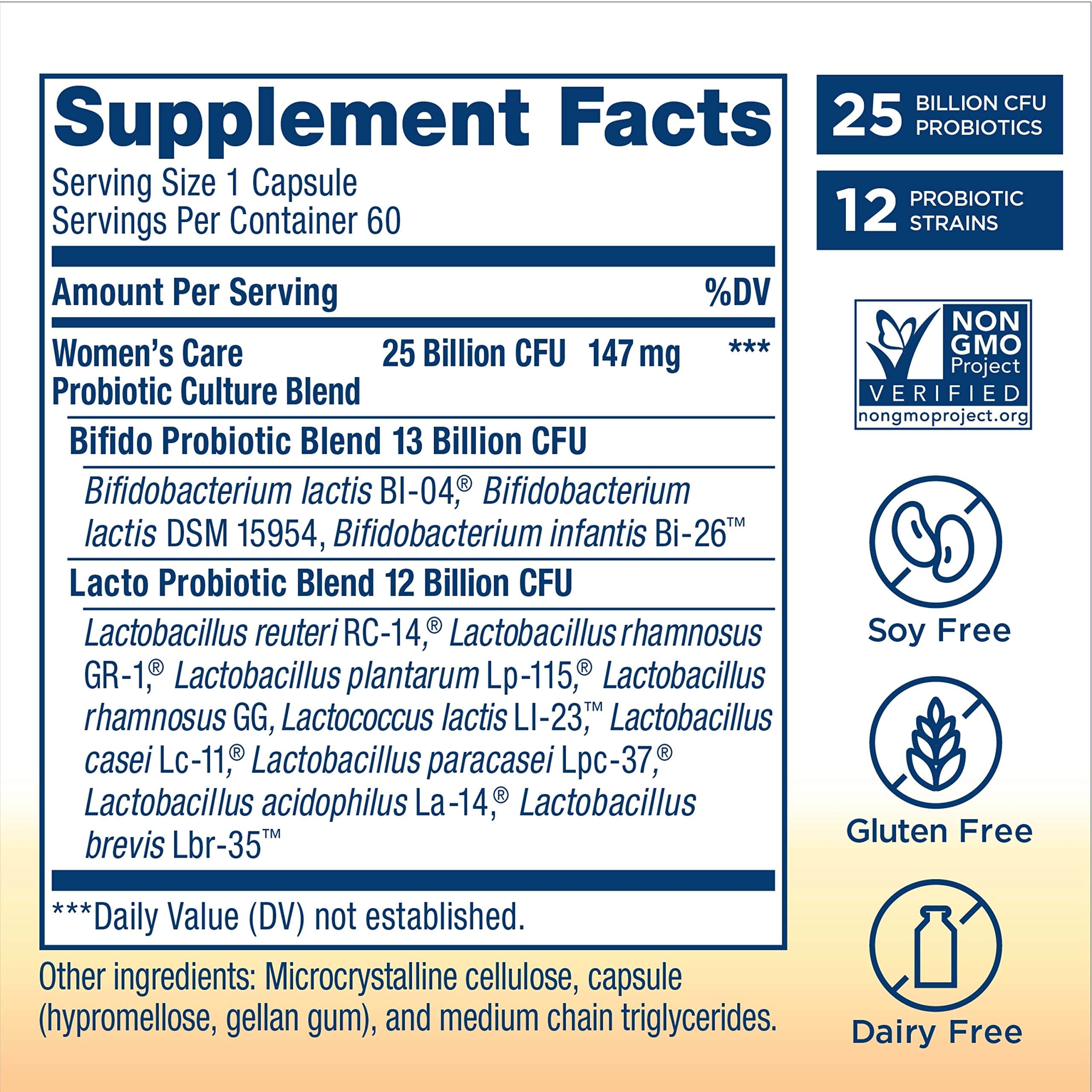 Renew Life Women's Care packaging highlighting dairy, gluten, and soy free formula