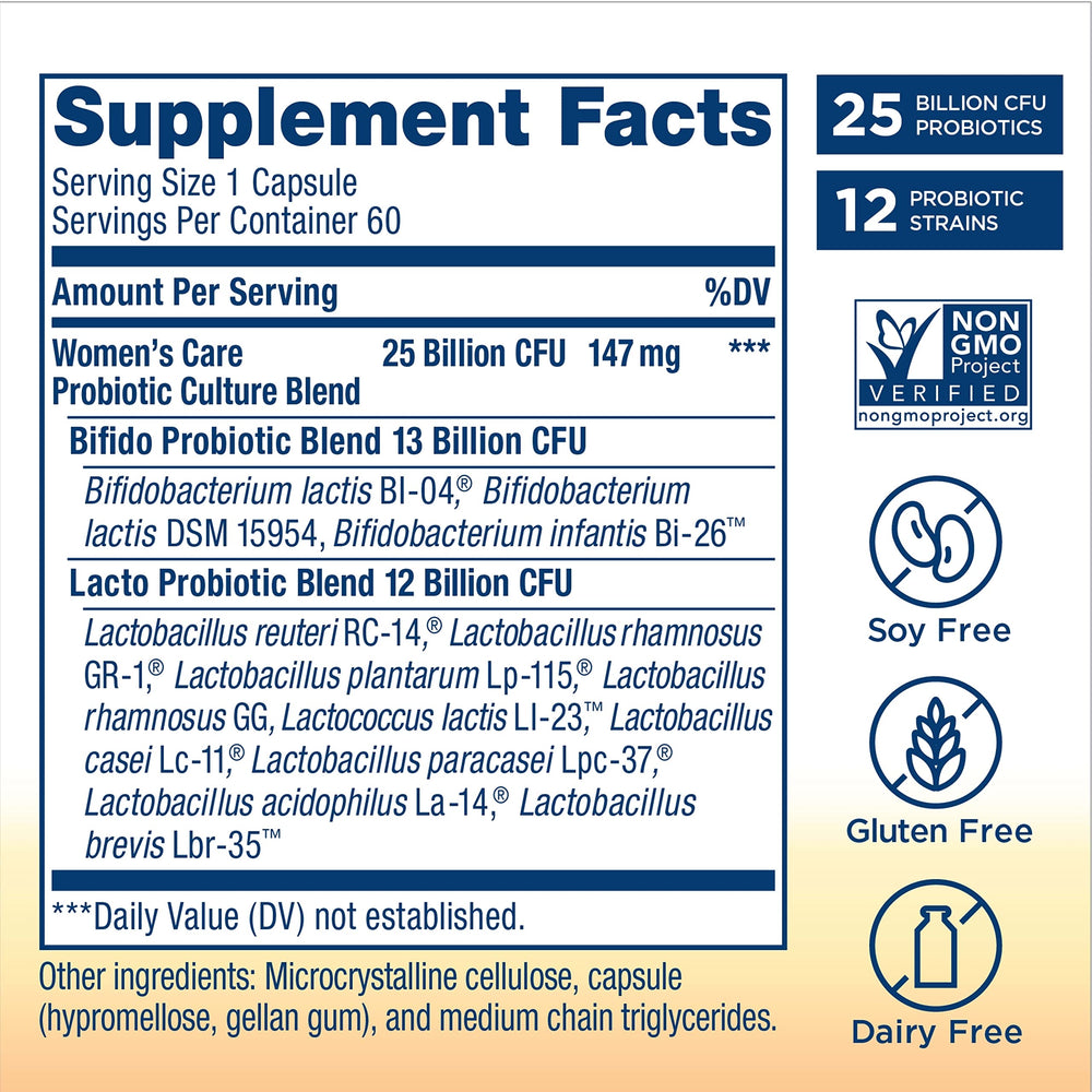 Renew Life Women's Care packaging highlighting dairy, gluten, and soy free formula