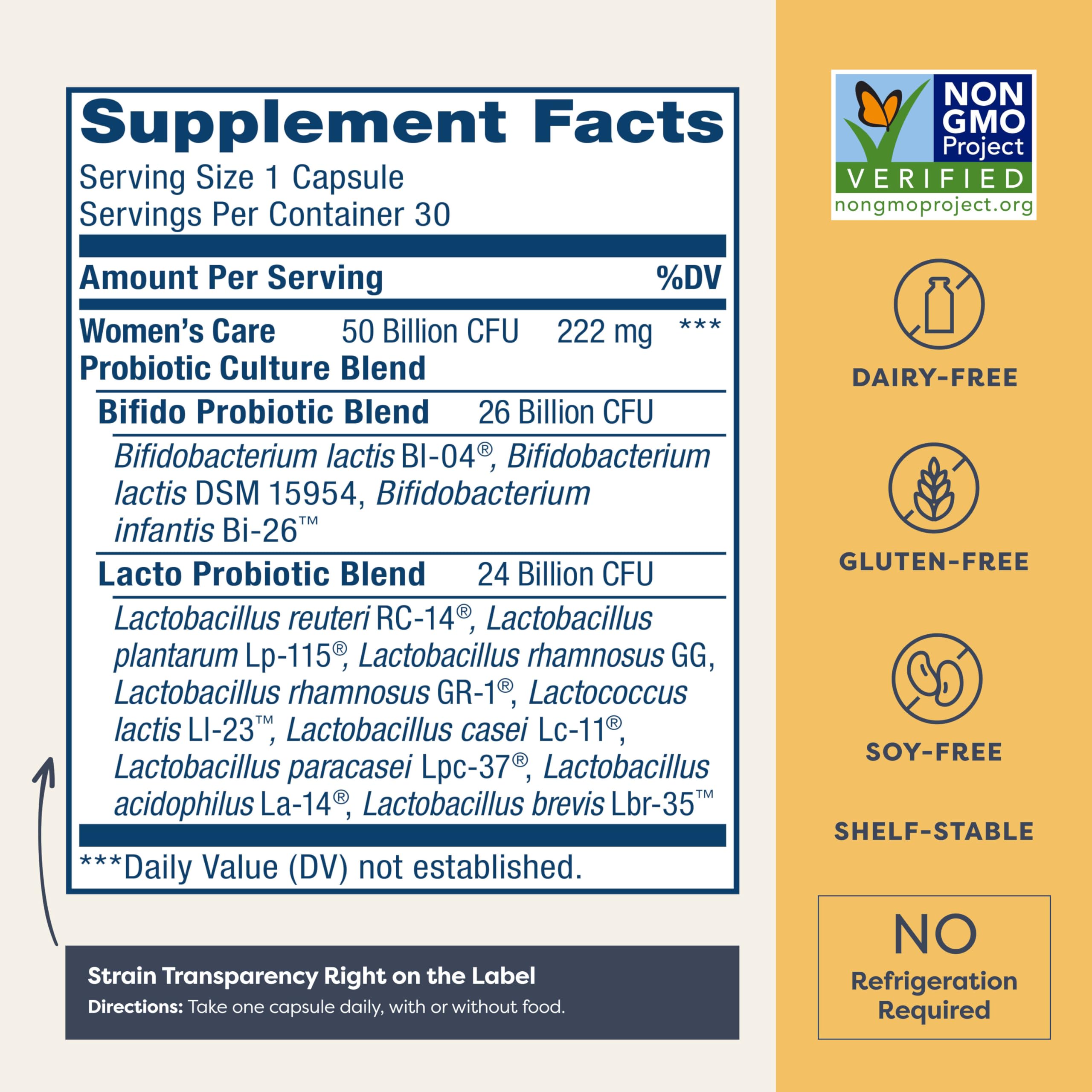 Bottle label highlighting 12 diverse probiotic strains for vaginal, urinary, digestive and immune health