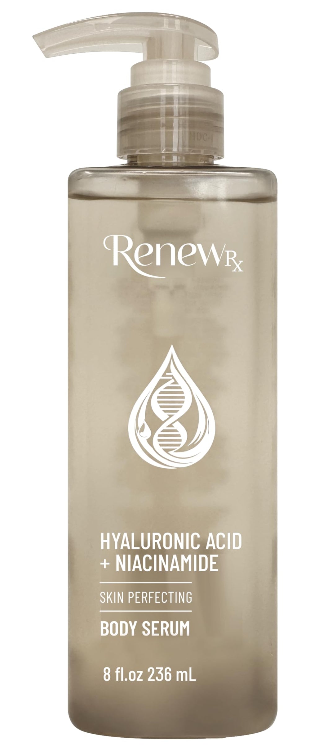 Front view of RENEW RX Hyaluronic Acid + Niacinamide Body Serum bottle with 8 oz label.