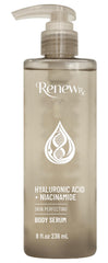 Front view of RENEW RX Hyaluronic Acid + Niacinamide Body Serum bottle with 8 oz label.