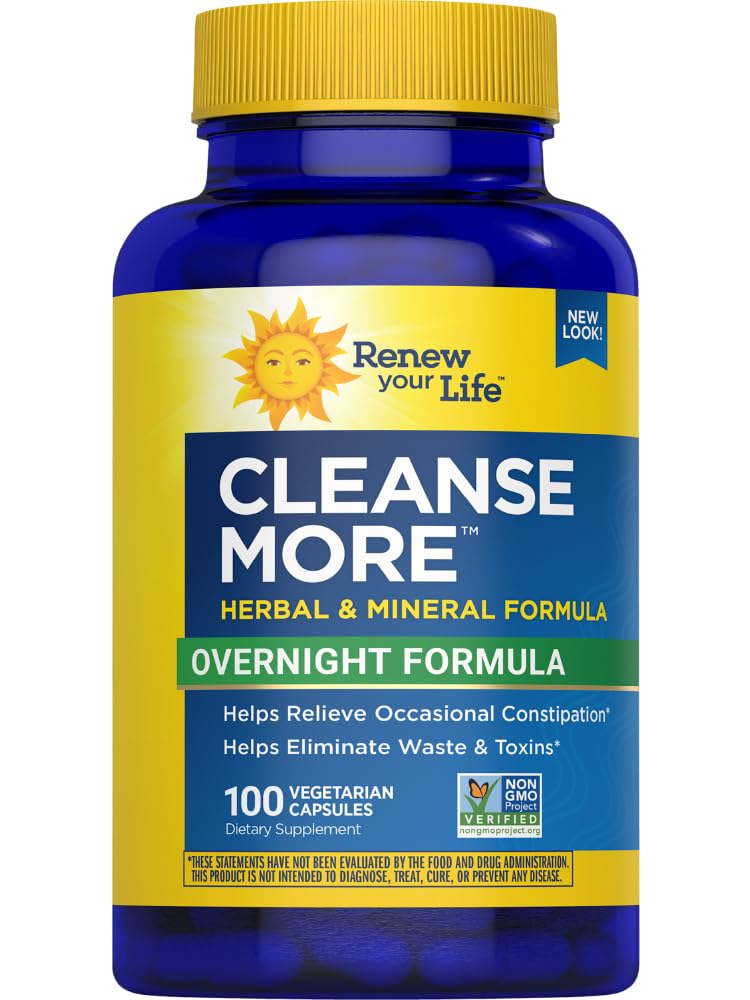 Renew Your Life Cleanse More Overnight Formula bottle with herbs and magnesium
