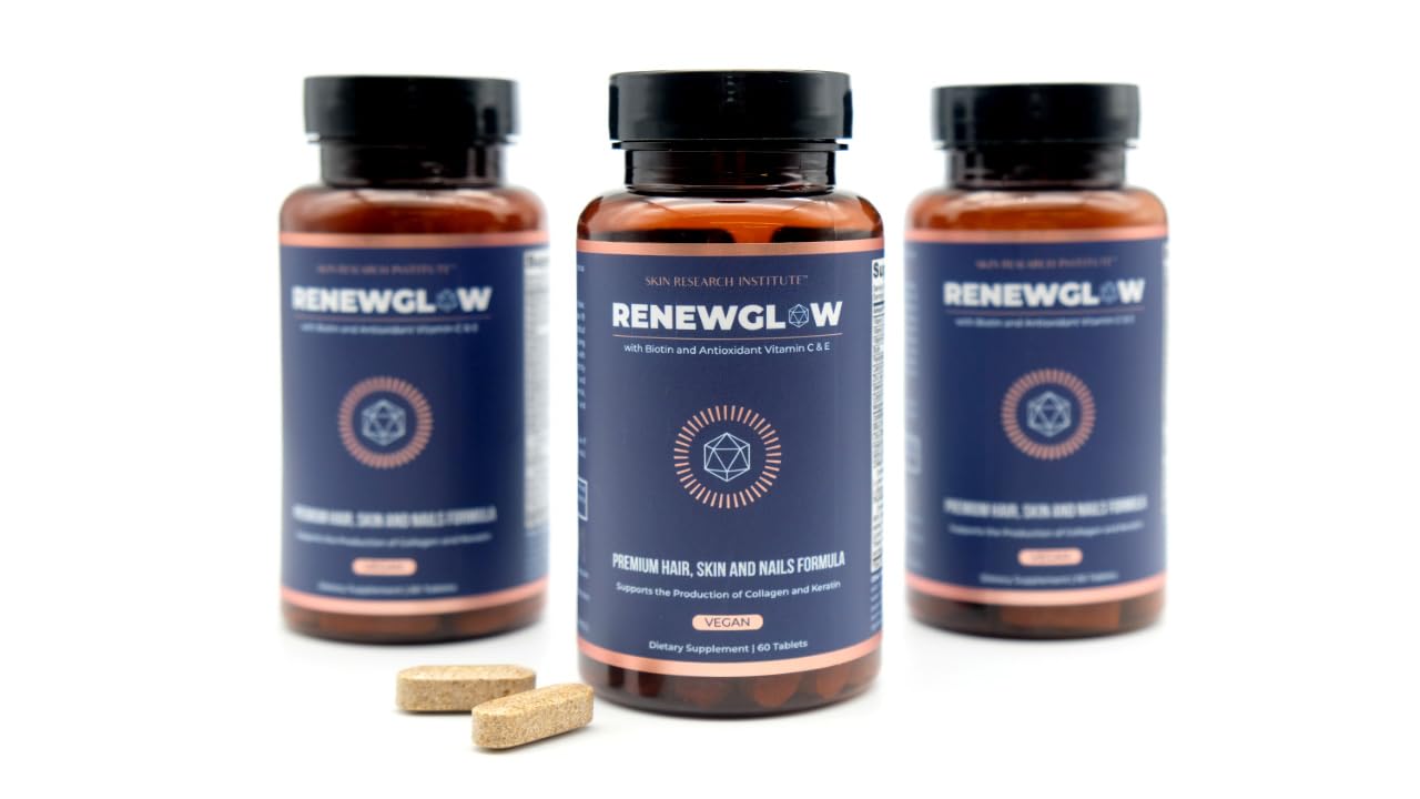 Renewglow Biotin Supplement 3-pack packaging and bottle