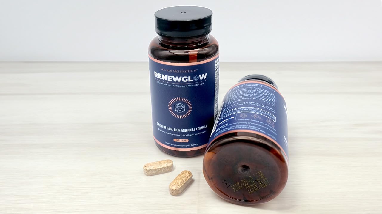 Close-up of Renewglow Biotin Supplement bottle label