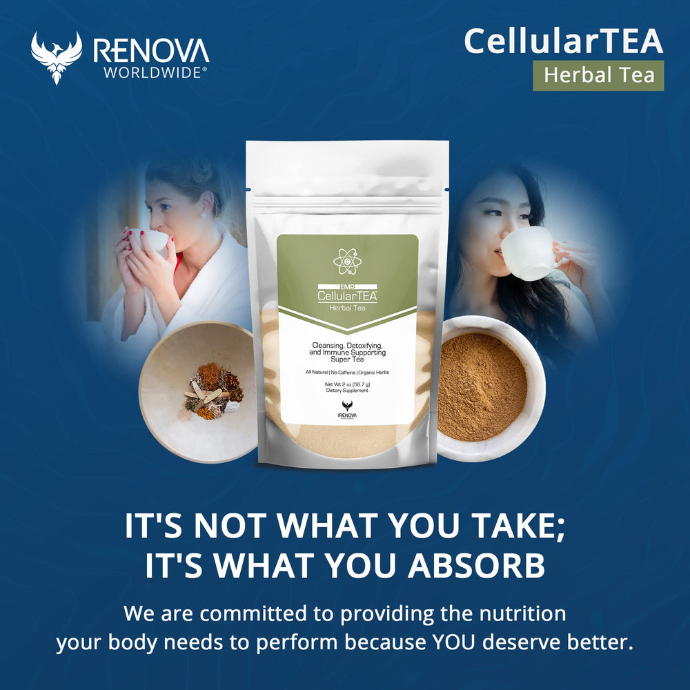 Renova CellularTea tea bags closeup, premium blend for gut health