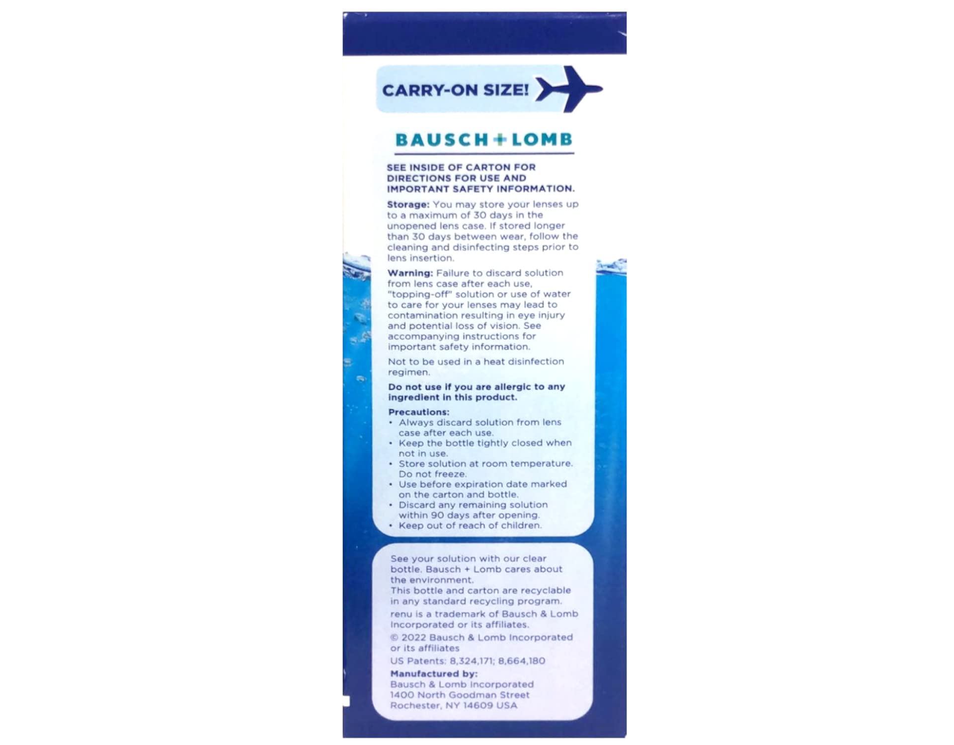 Label showing disinfecting and cleaning capabilities of Renu Advanced Formula