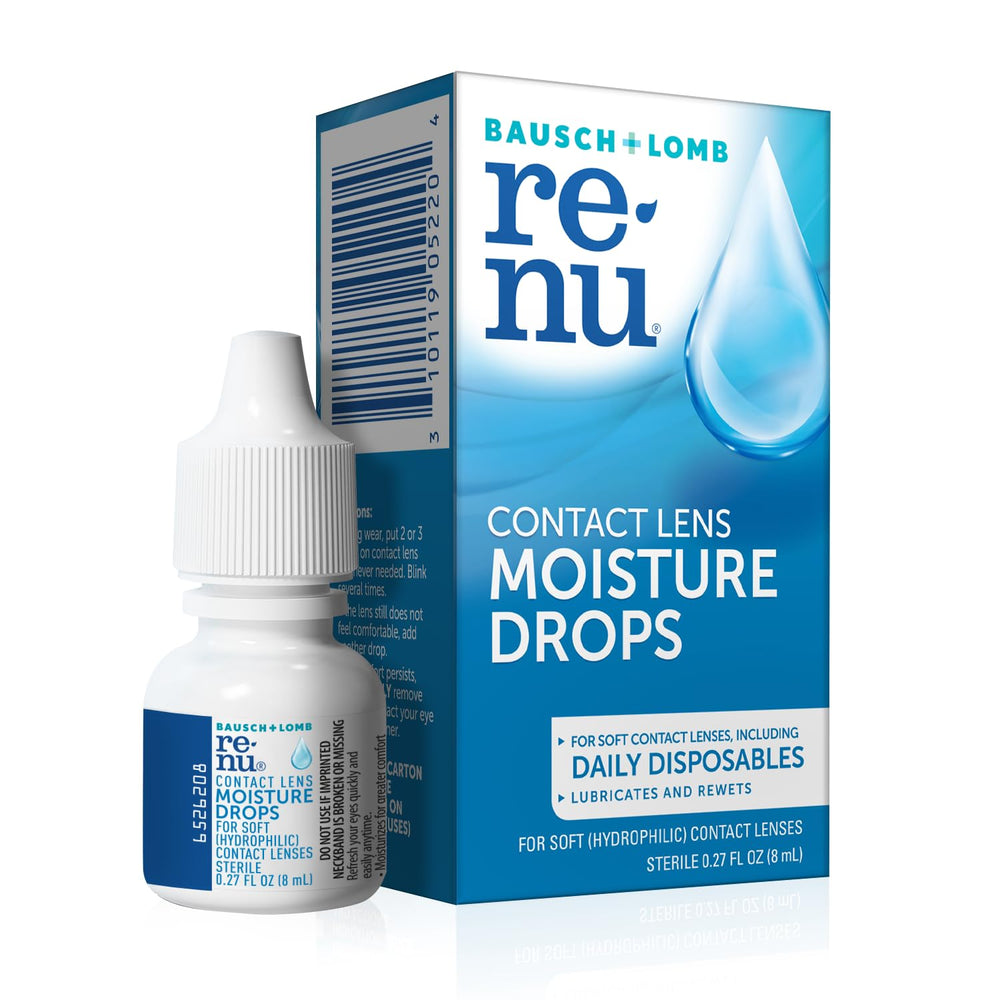 Four Renu MultiPlus 8 mL eye drop bottles with packaging