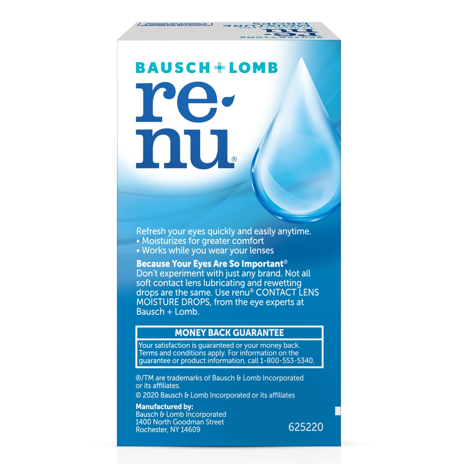 Product shot of Renu MultiPlus 8 mL eye drops with branding