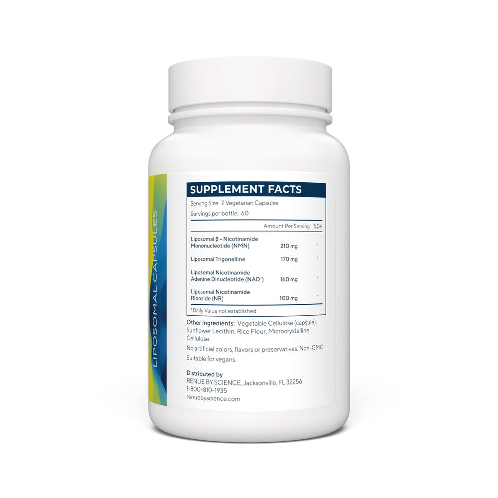 Close-up of liposomal NAD+ Complete capsules inside bottle