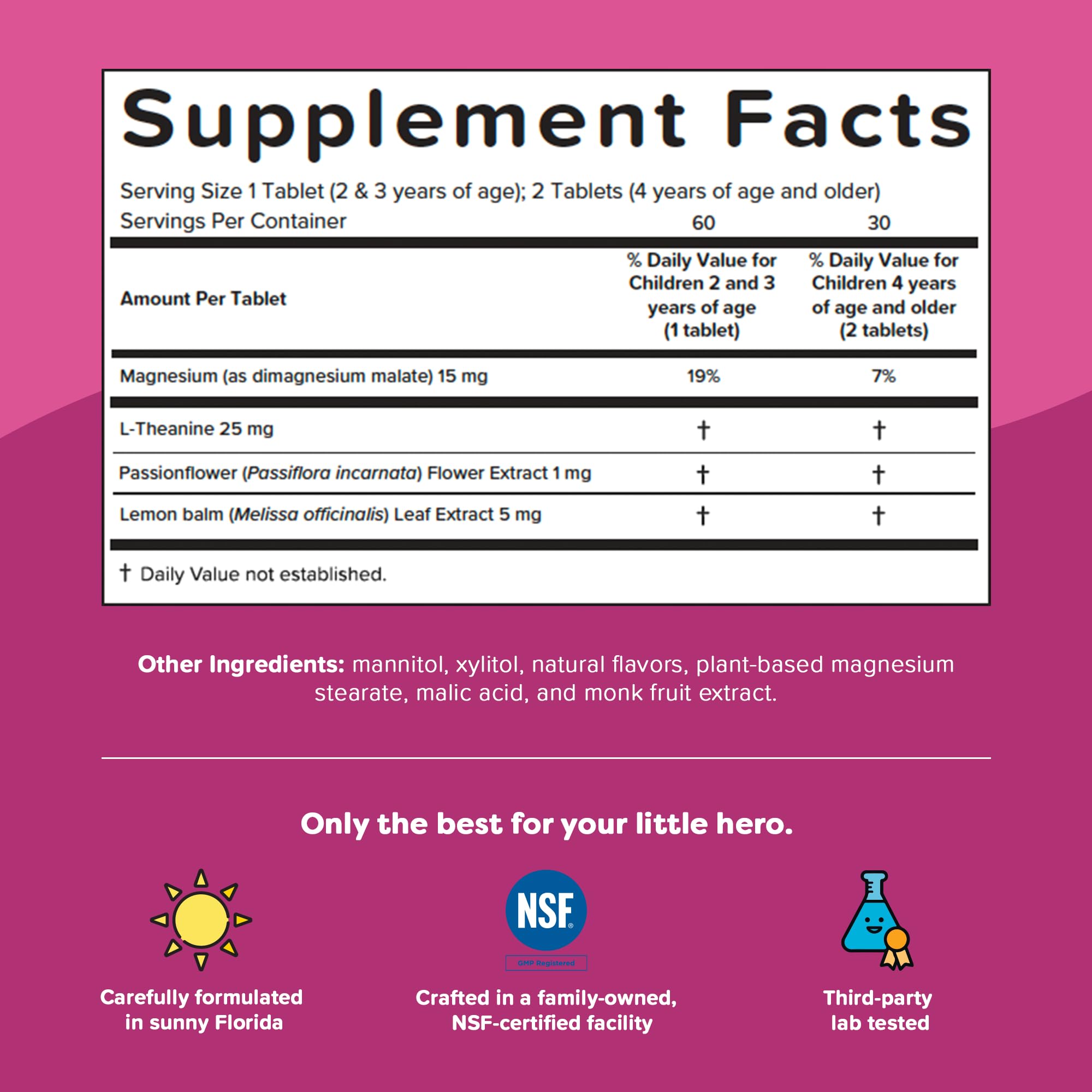 Back of the Captain Calm box with dosage directions for children