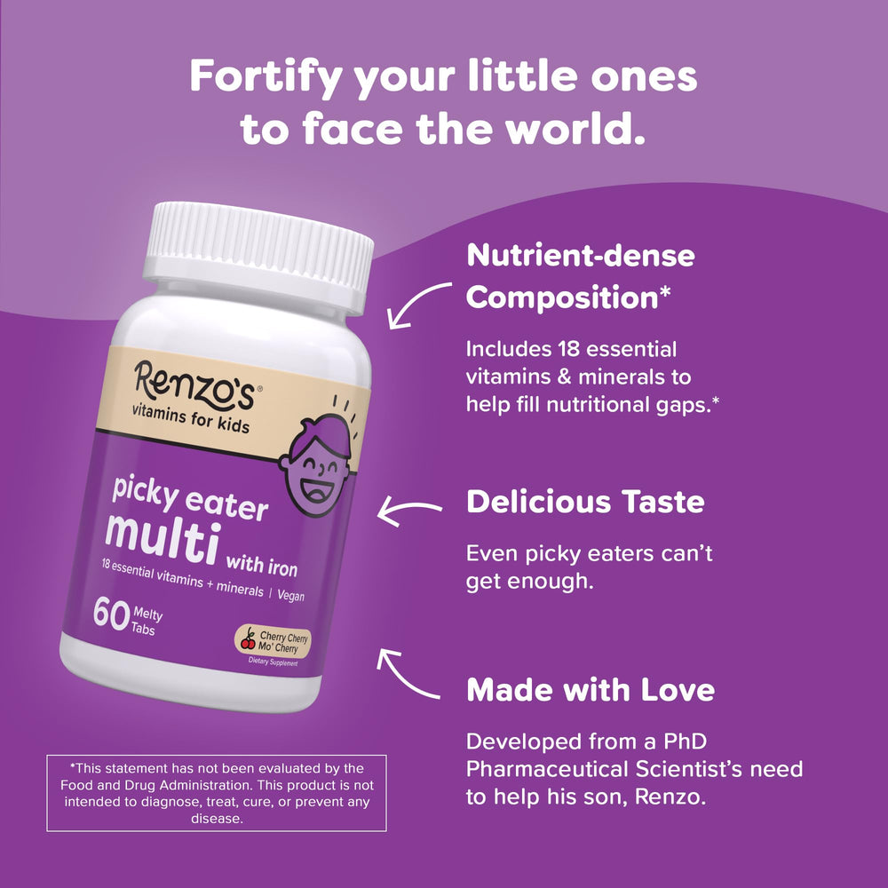 Renzo's cherry flavor kid vitamins highlighted for tasty nutrition support.