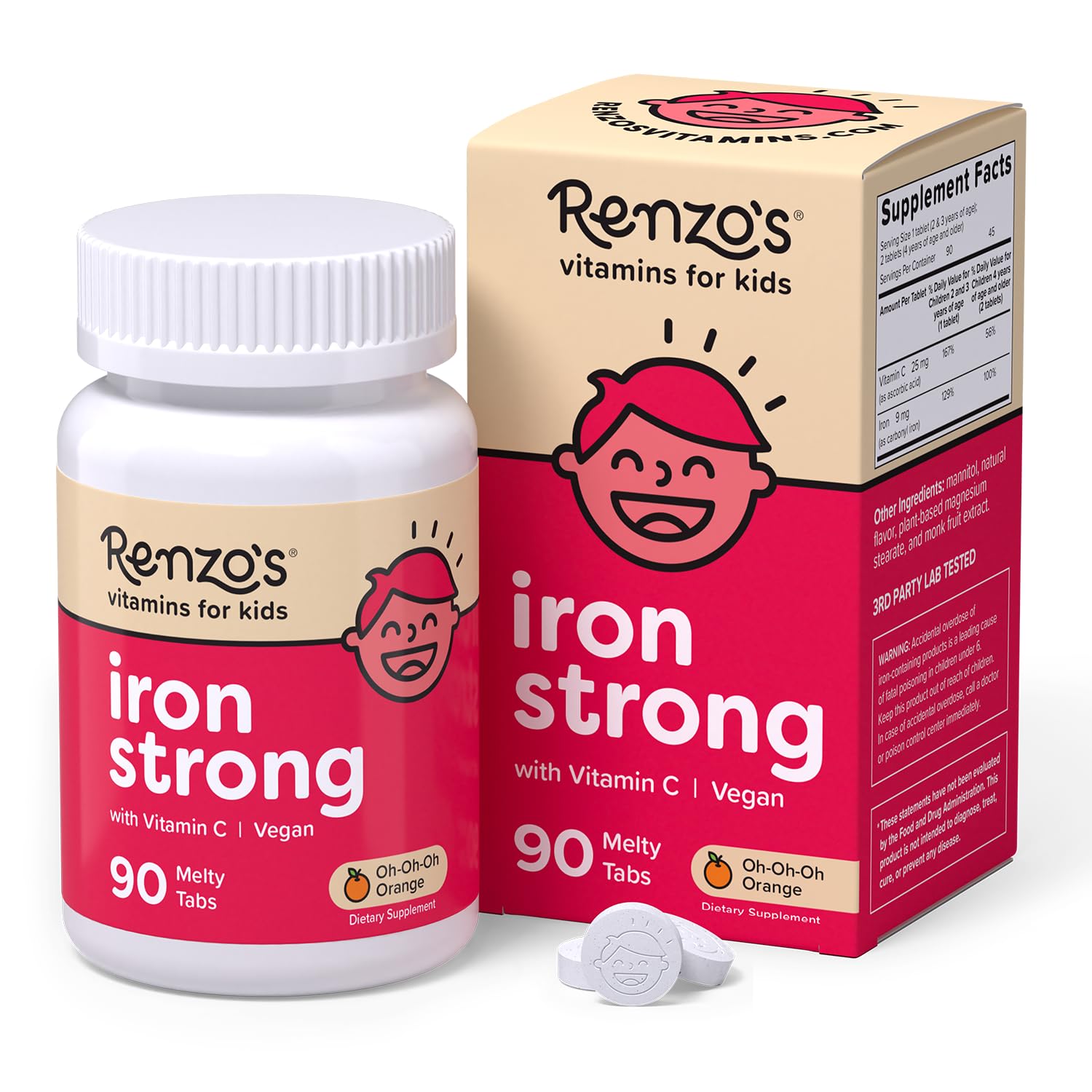 Renzo's dissolvable orange iron tablets for kids