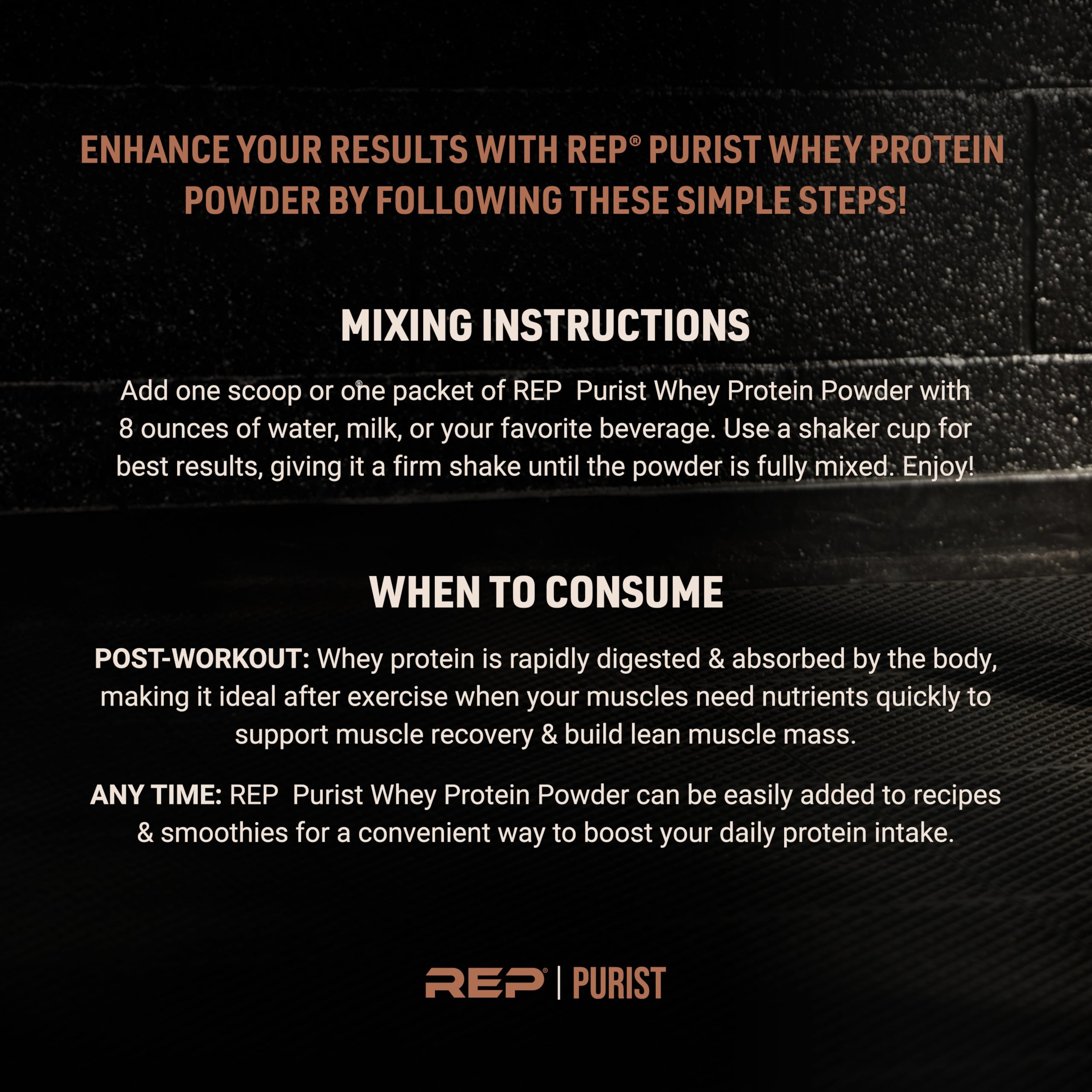 REP Purist vanilla whey nutrition panel emphasizes grass-fed, gluten-free quality.