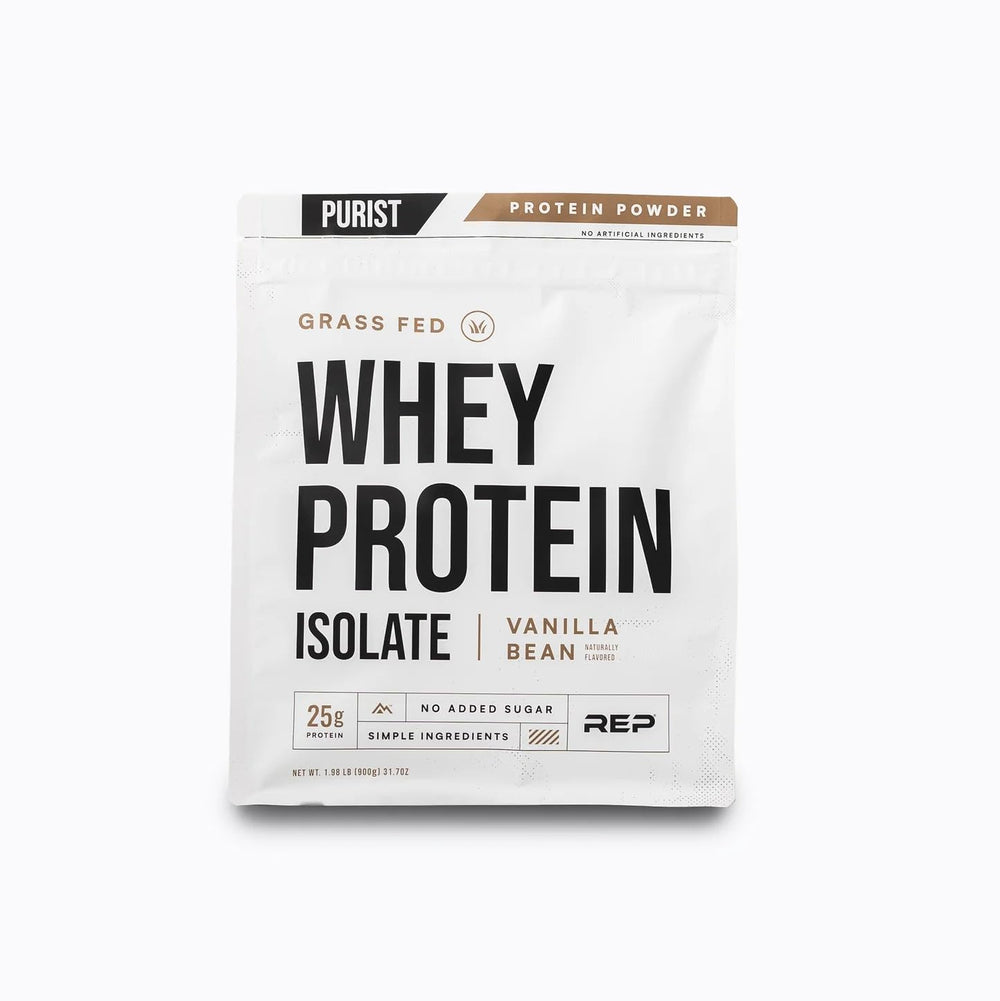 REP Purist vanilla whey protein powder jar for post-workout recovery and lean muscle support.