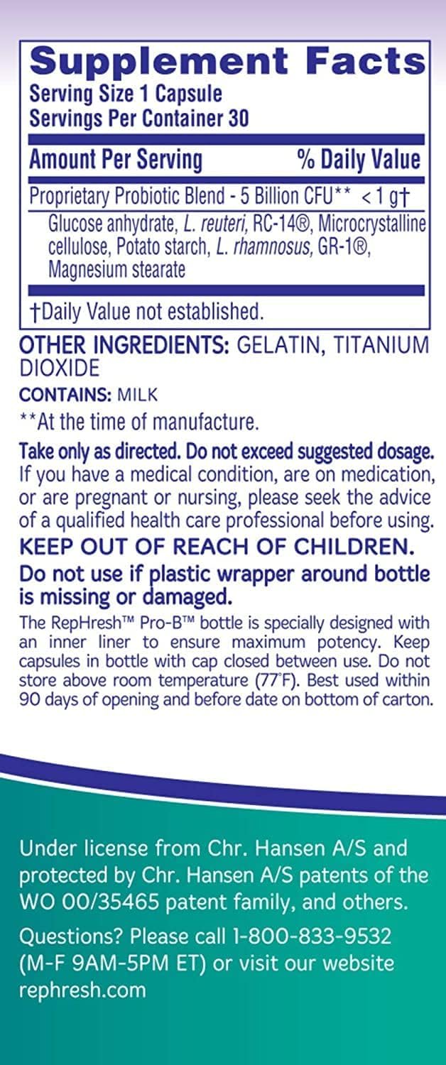 Nutrition facts panel of RepHresh Pro-B