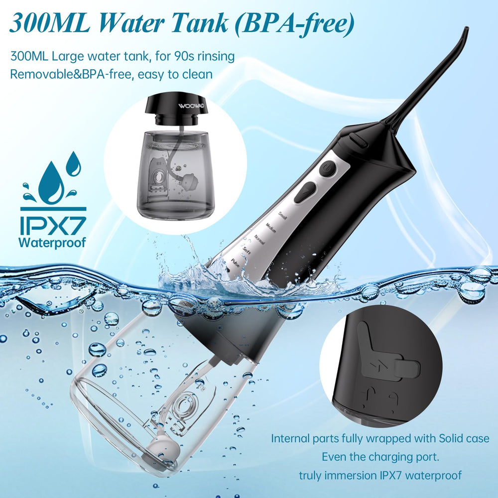 Six replaceable nozzles for standard, tongue-cleaning, and orthodontic care
