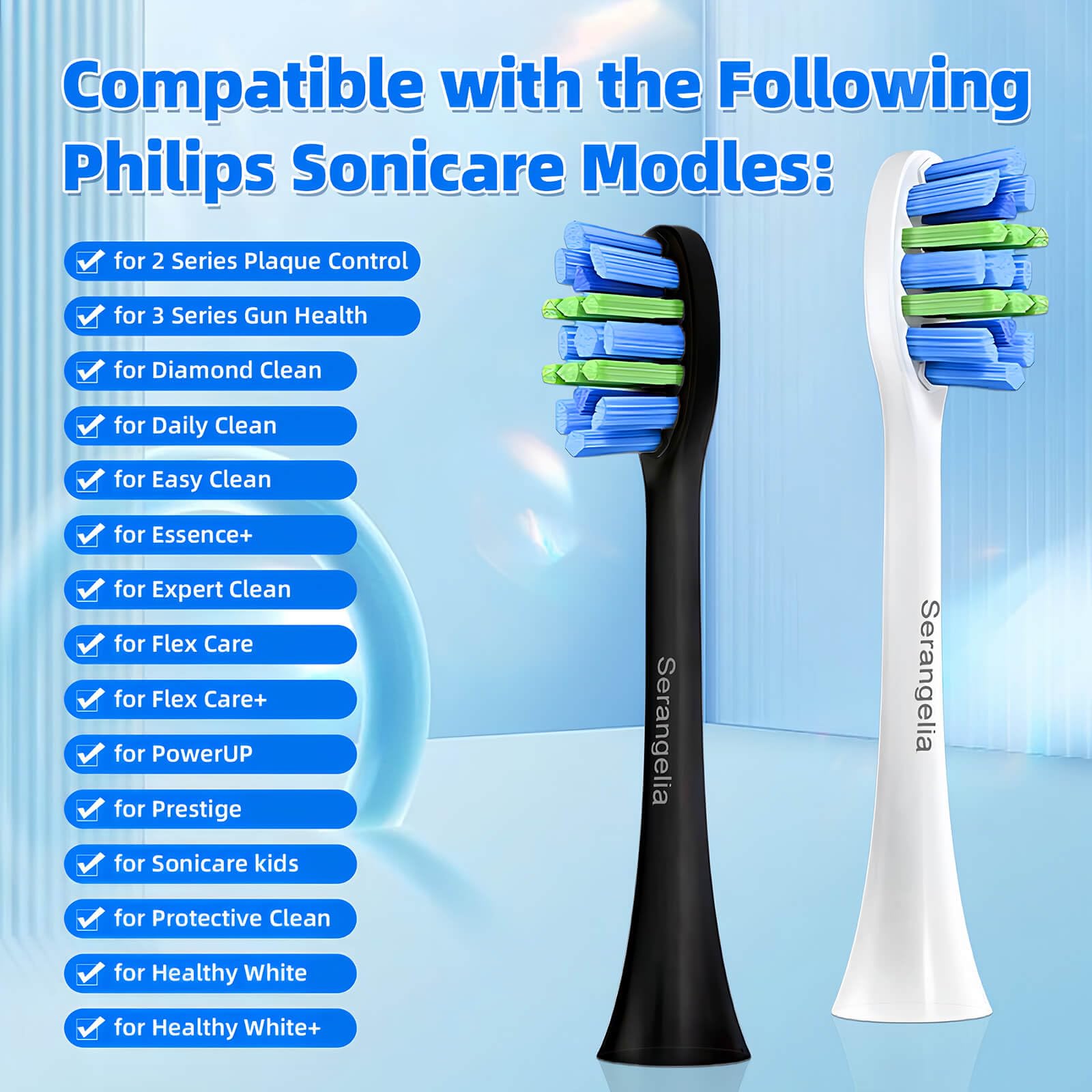 Close-up of 5 black replacement brush heads for Philips Sonicare