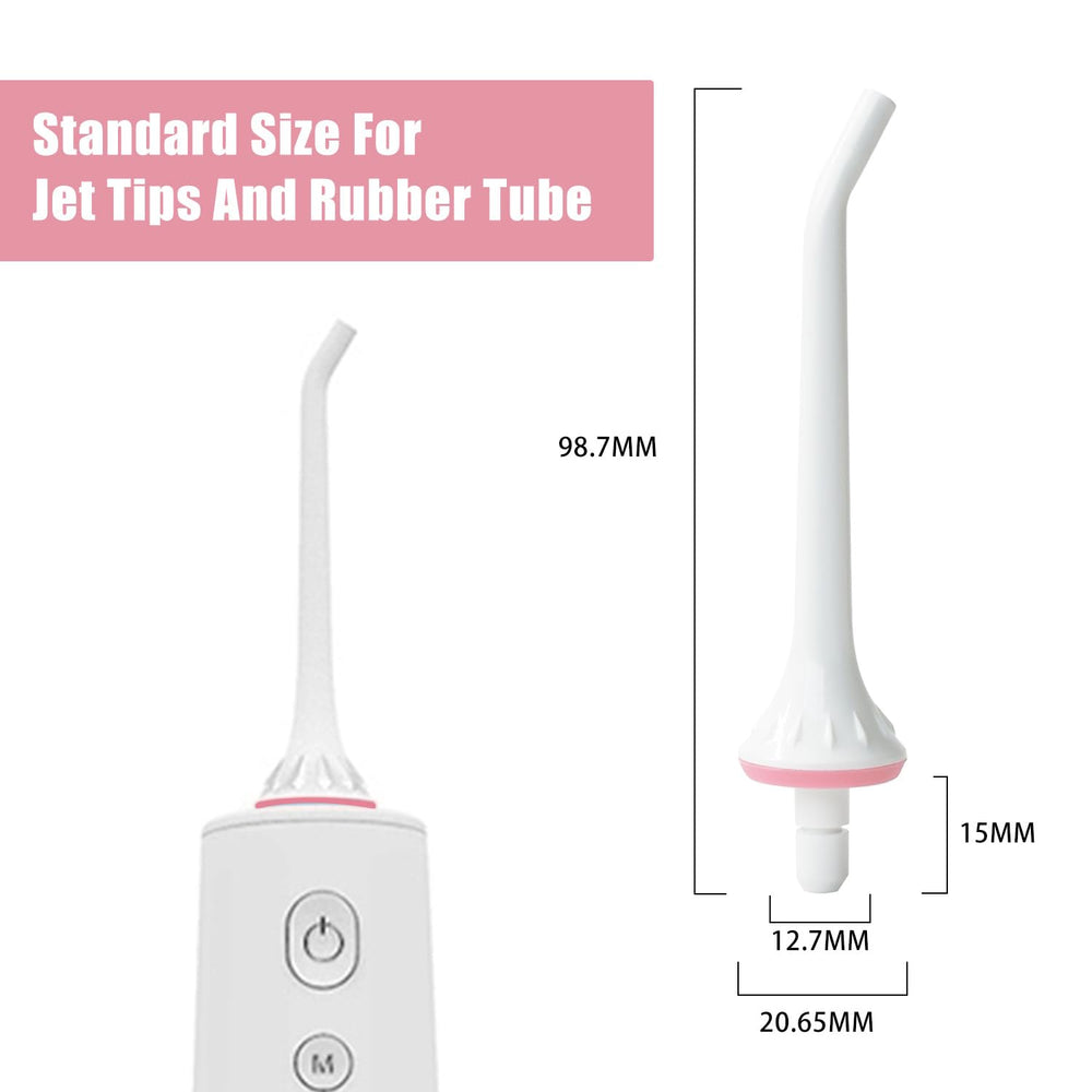 Three white water flosser tips in packaging