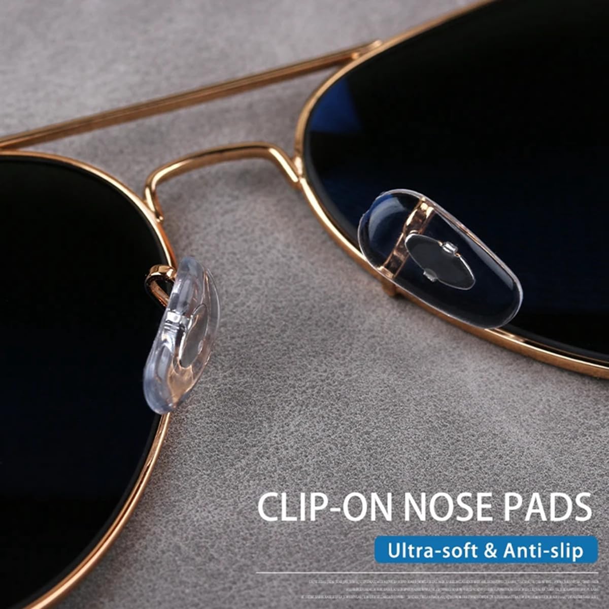 Close-up of clip-on nose pads on eyeglasses frame