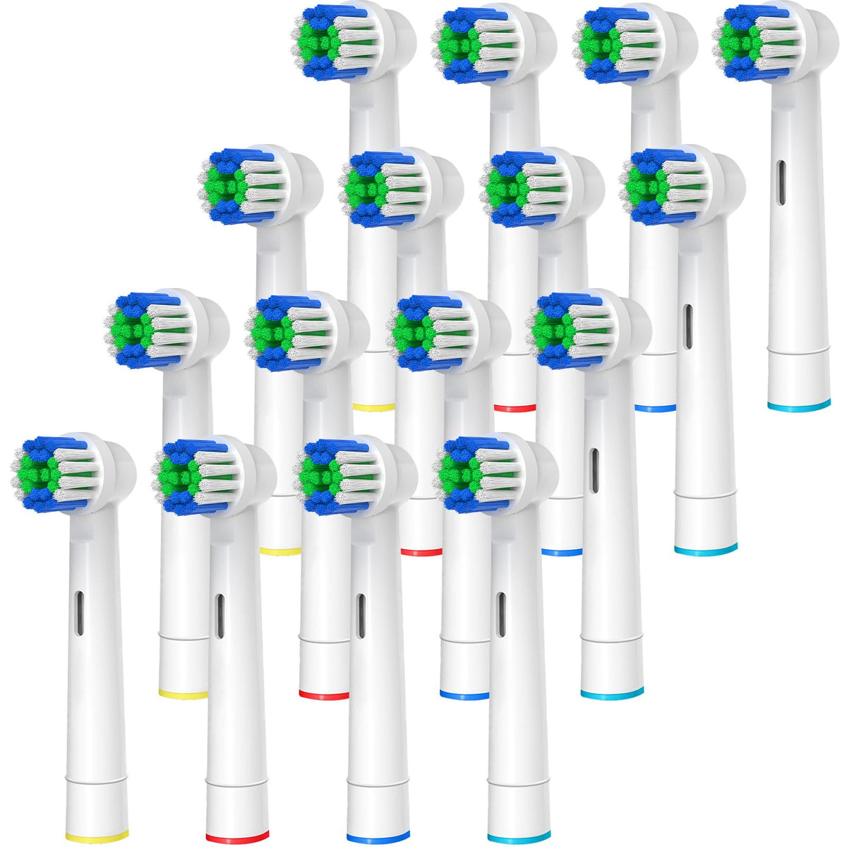 16-pack replacement toothbrush heads with four color rings for family sharing